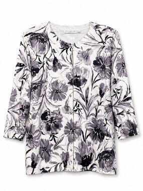 Sarah Spencer Grey & White Floral Cardigan Gemstone ButtonS – Plus Size 2X